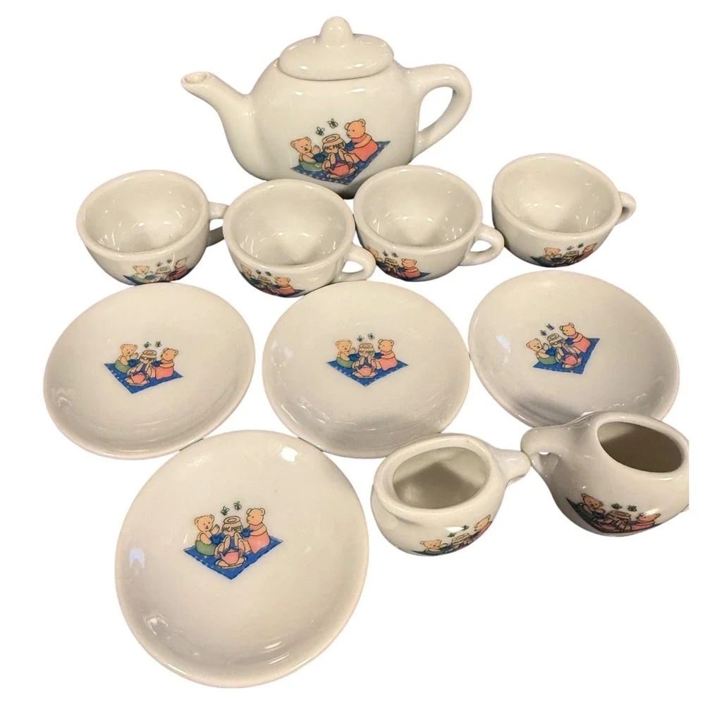 Vintage Miniature Ceramic Tea Set 11 Piece Teddy Bear Picnic White Porcelain Toy